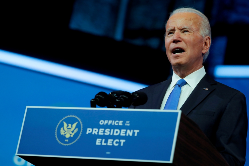 File photo: US President-elect Joe Biden delivers a televised address to the nation, after the US Electoral College formally confirmed his victory over President Donald Trump in the 2020 US presidential election, from Biden's transition headquarters at th