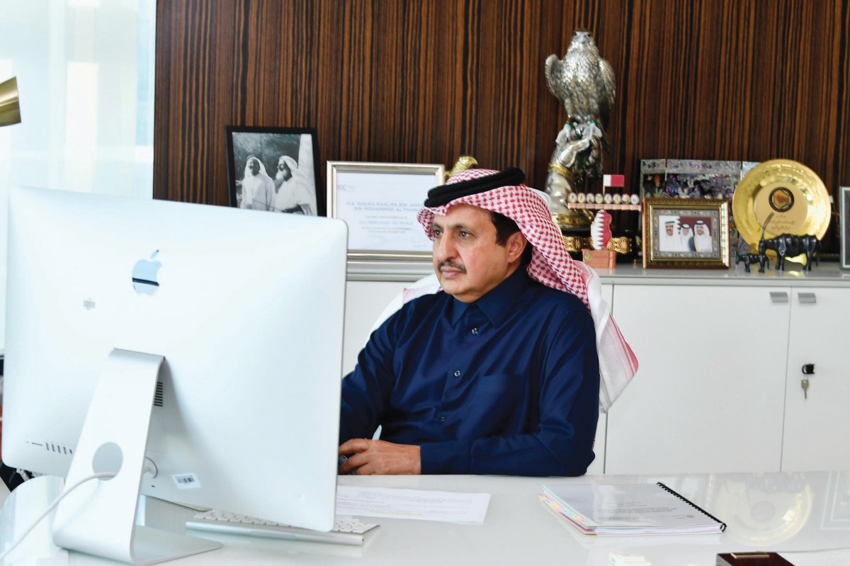 Chairman of Qatar Chamber, Sheikh Khalifa bin Jassim Al Thani participating in the meeting.