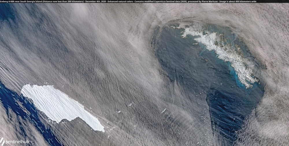 A satellite image of the A-68A iceberg (L) as it approaches South Georgia island (R) in the South Atlantic, December 4, 2020. Picture taken December 4, 2020. Copernicus Sentinel-Pierre Markuse/Handout via REUTERS/File Photo