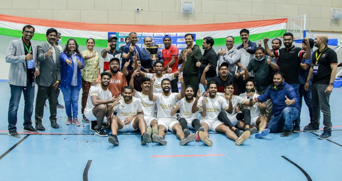 Mates Qatar players and officials celebrate winning the ISC Futsal Tournament.
