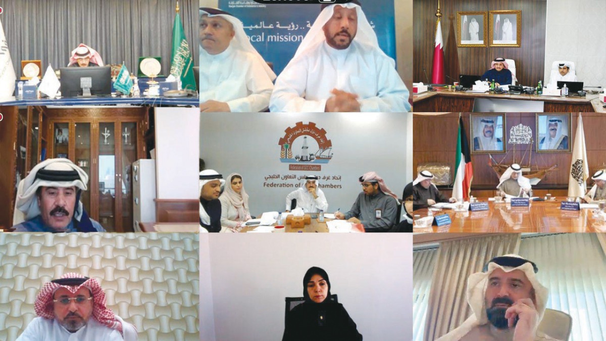 Qatar Chamber Chairman Sheikh Khalifa bin Jassim Al Thani with other officials from the Federation of GCC Chambers during a virtual meeting yesterday. 