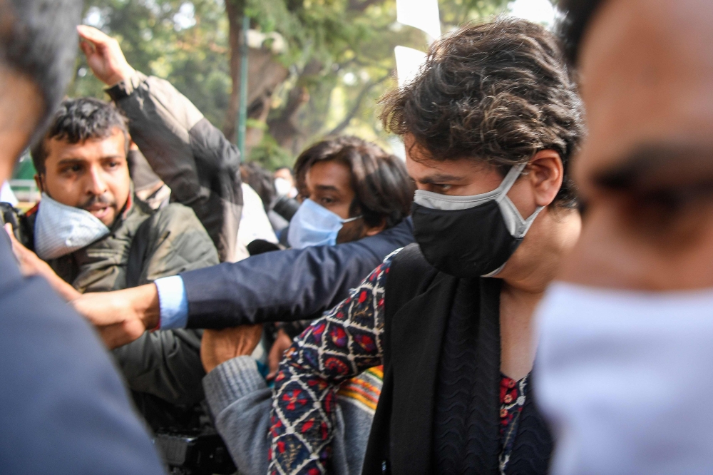 India’s opposition Congress party general secretary Priyanka Gandhi Vadra takes part in a march towards presidential palace 'Rashtrapati Bhavan' to request Indian President Ram Nath Kovind to repeal the central government's recent agricultural reforms in 