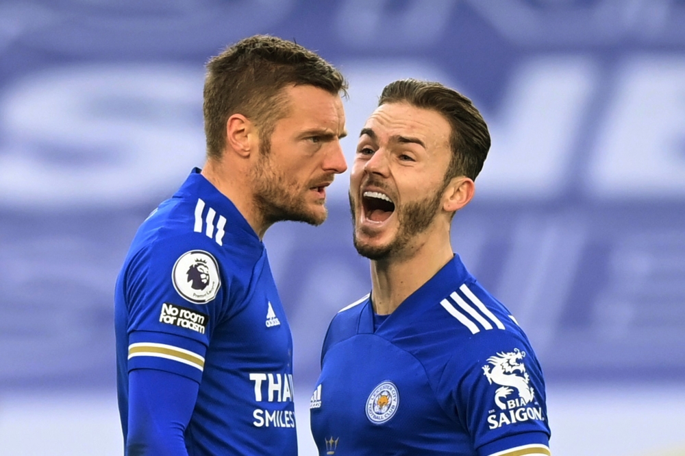 Leicester City's Jamie Vardy celebrates scoring their second goal with James Maddison Pool via REUTERS/Michael Regan 
