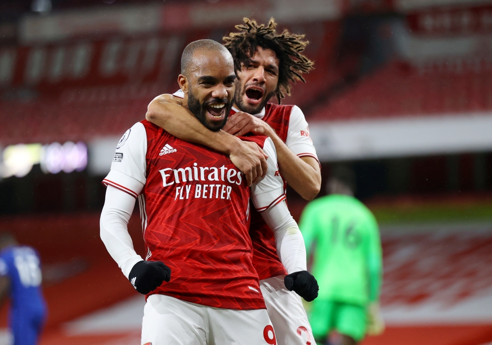 Arsenal's Alexandre Lacazette celebrates scoring their first goal Pool via REUTERS/Julian Finney 
