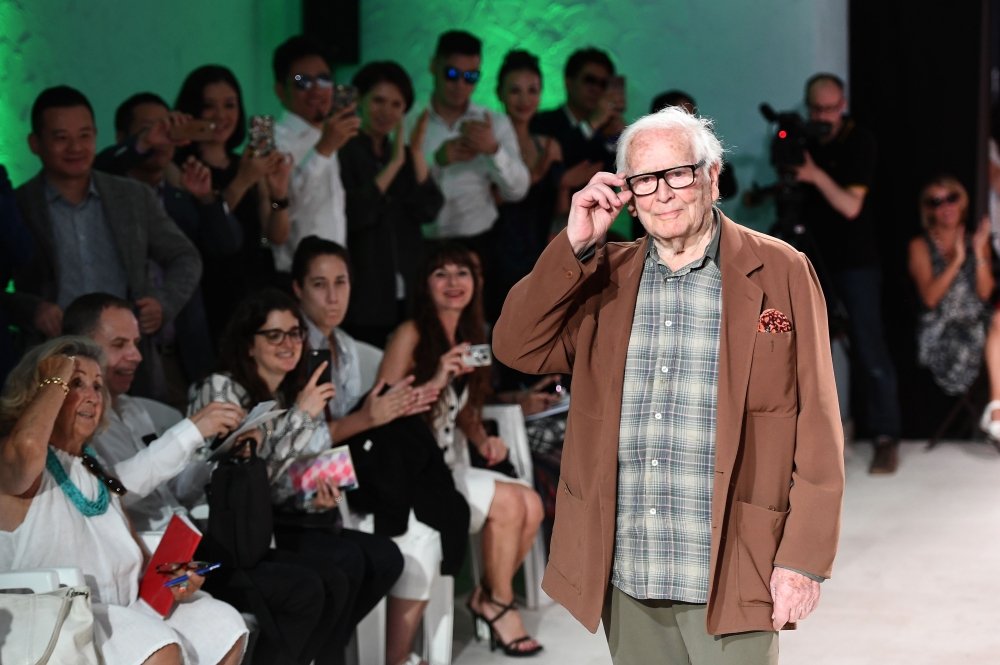 This file photo taken on July 9, 2016 shows France's fashion designer Pierre Cardin gesturing during the 2016-2017 fall/winter Haute Couture collection fashion show in Bonnieux, southeastern France. French fashion designer Pierre Cardin died on December 2