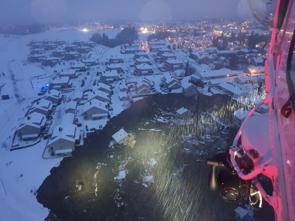 A rescue helicopter view shows the aftermath of a landslide at a residential area in Ask village, about 40km north of Oslo, Norway December 30, 2020. According to police several people went missing.