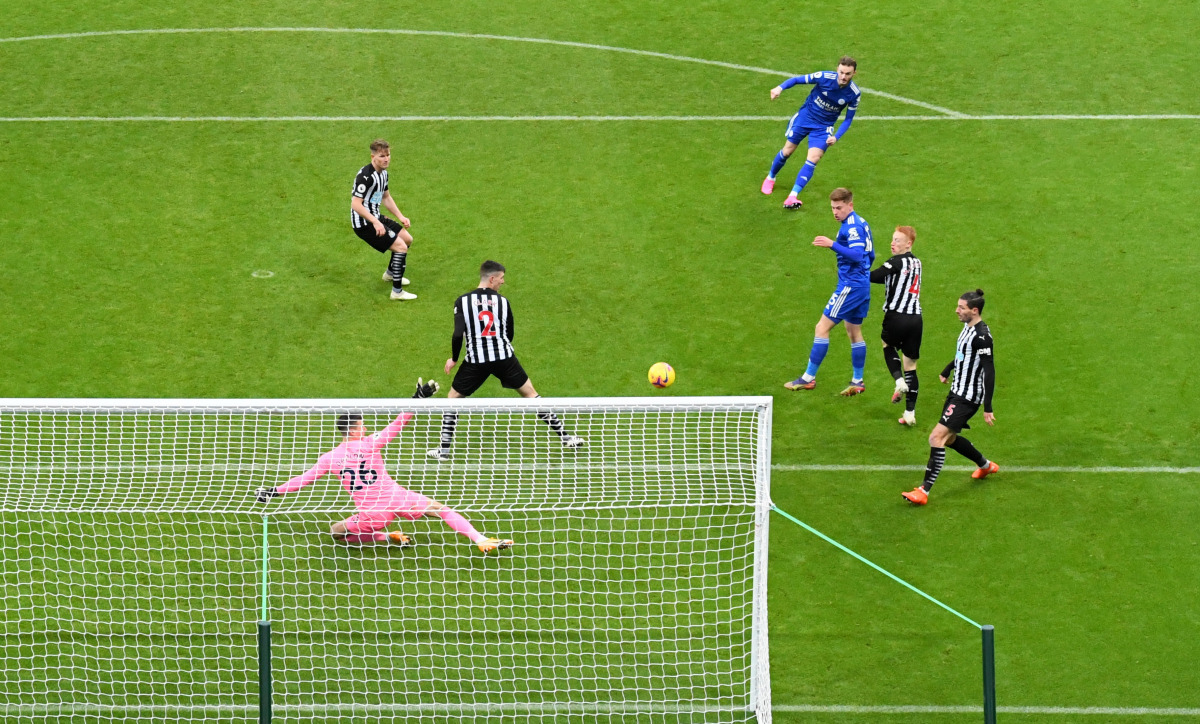 Soccer Football - Premier League - Newcastle United v Leicester City - St James' Park, Newcastle, Britain - January 3, 2021 Leicester City's James Maddison scores their first goal Pool via REUTERS/Stu Forster 