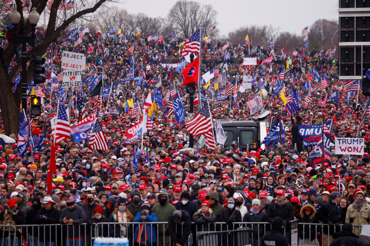 Supporters of U.S. President Donald Trump gather near the Washington Monument by the White House ahead of his rally and speech to contest the certification by the U.S. Congress of the results of the 2020 U.S. presidential election in Washington, U.S, Janu