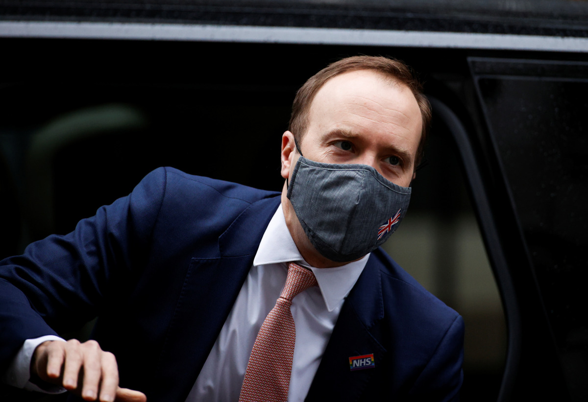 Britain's Health Secretary Matt Hancock arrives at Downing Street, in London, Britain, January 4, 2021. REUTERS/John Sibley
