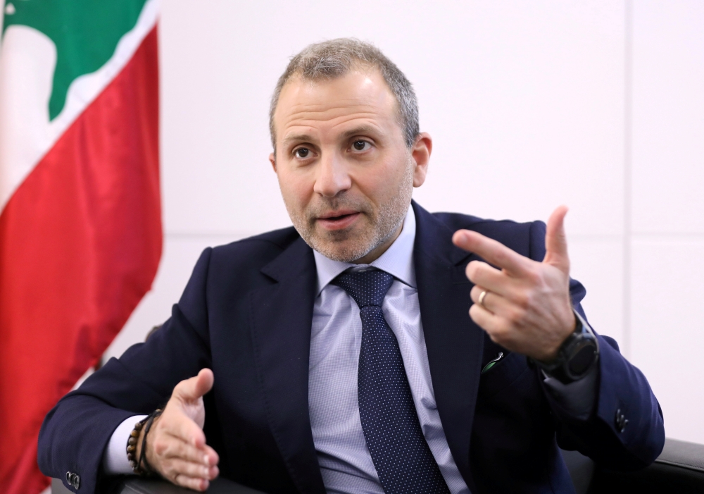 FILE PHOTO: Gebran Bassil, a Lebanese politician and head of the Free Patriotic movement, talks during an interview with Reuters in Sin-el-fil, Lebanon July 7, 2020. REUTERS/Mohamed Azakir
