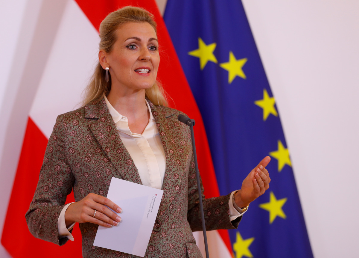 FILE PHOTO: Austrian Family Minister Christine Aschbacher talks to the media during the coronavirus disease (COVID-19) outbreak in Vienna, Austria, June 15, 2020. REUTERS/Leonhard Foeger/File Photo
