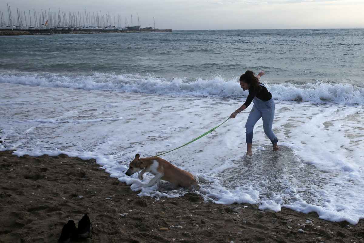 A woman plays with a dog on a beach during an unusual warm day, amid the coronavirus disease (COVID-19) pandemic, in Athens, Greece, January 10, 2021. REUTERS/Costas Baltas
