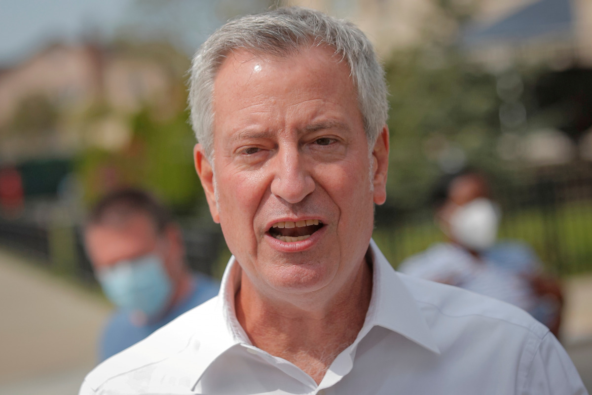 FILE PHOTO: New York City Mayor Bill de Blasio, speaks during a news conference, following the outbreak of the coronavirus disease (COVID-19) in the Coney Island neighborhood of the Brooklyn borough of New York City, U.S., September 15, 2020. REUTERS/Bren