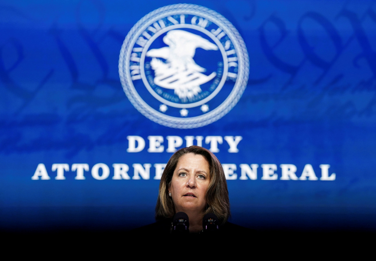 FILE PHOTO: Lisa Monaco, U.S. President-elect Joe Biden's nominee to be deputy attorney general, speaks as Biden announces his Justice Department nominees at his transition headquarters in Wilmington, Delaware, U.S., January 7, 2021. REUTERS/Kevin Lamarqu
