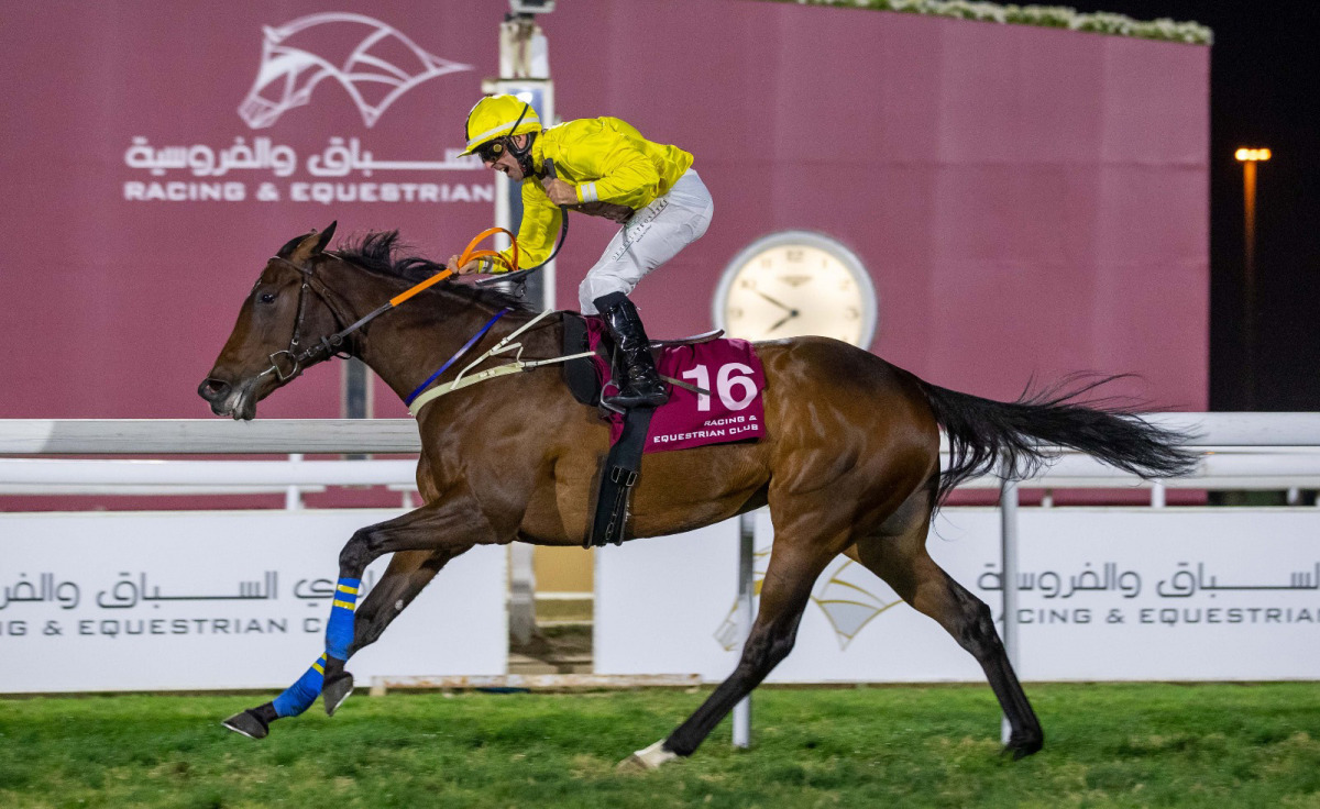 She’s Our Queen, ridden by Ivan Rossi, wins the Class 2 Thoroughbred Pearl at Al Rayyan Race Park yesterday. 