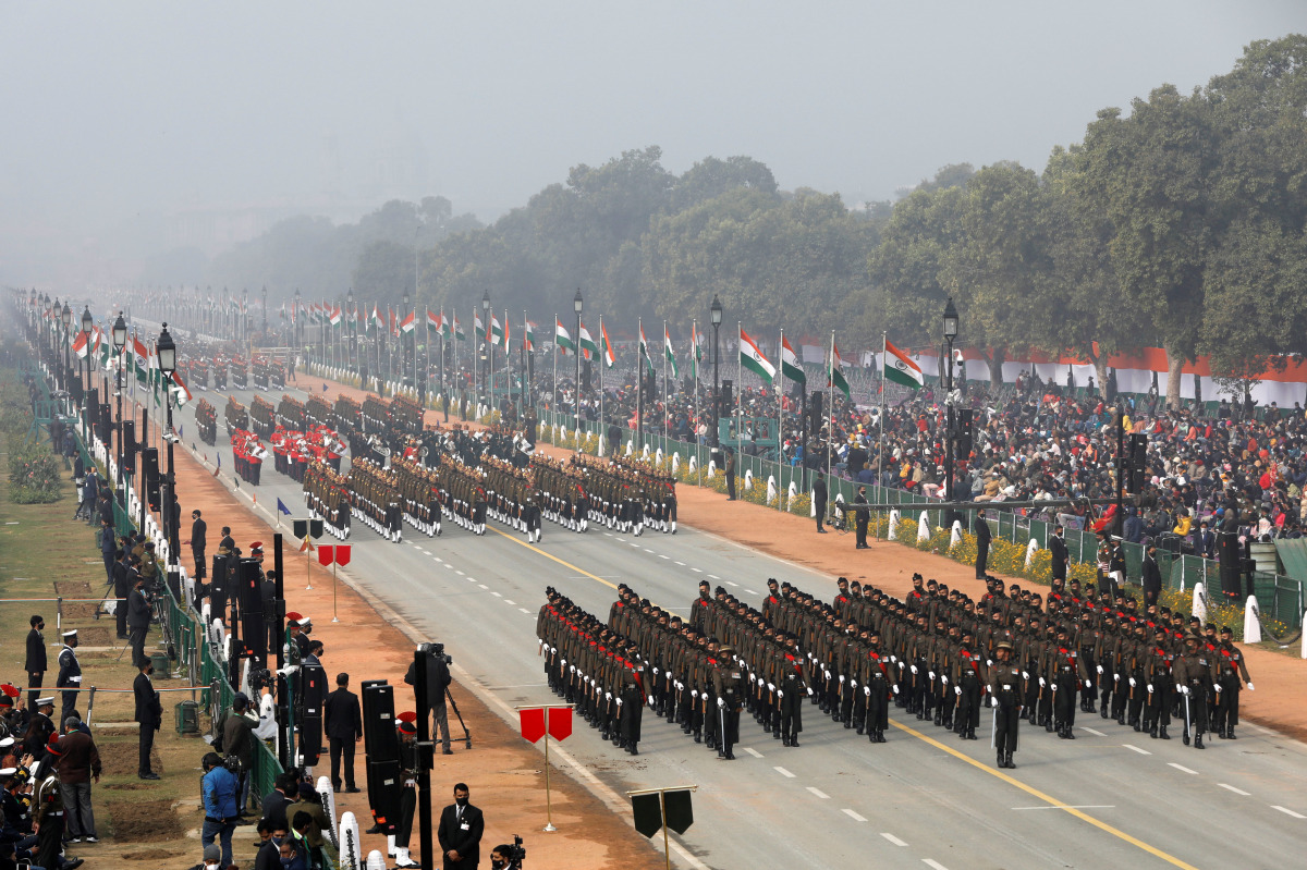 Indian soldiers march during the full dress rehearsal for the Republic Day parade in New Delhi, India, January 23, 2021. REUTERS/Adnan Abidi
