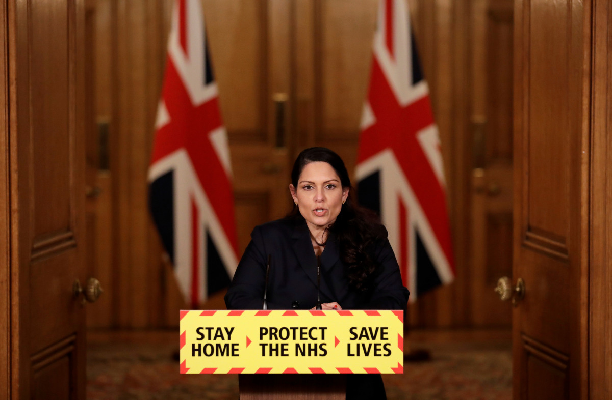 Britain's Home Secretary Priti Patel speaks during a news conference about the ongoing situation with the coronavirus disease (COVID-19) pandemic, inside 10 Downing Street, in London, Britain January 21, 2021. Matt Dunham/Pool via REUTERS
