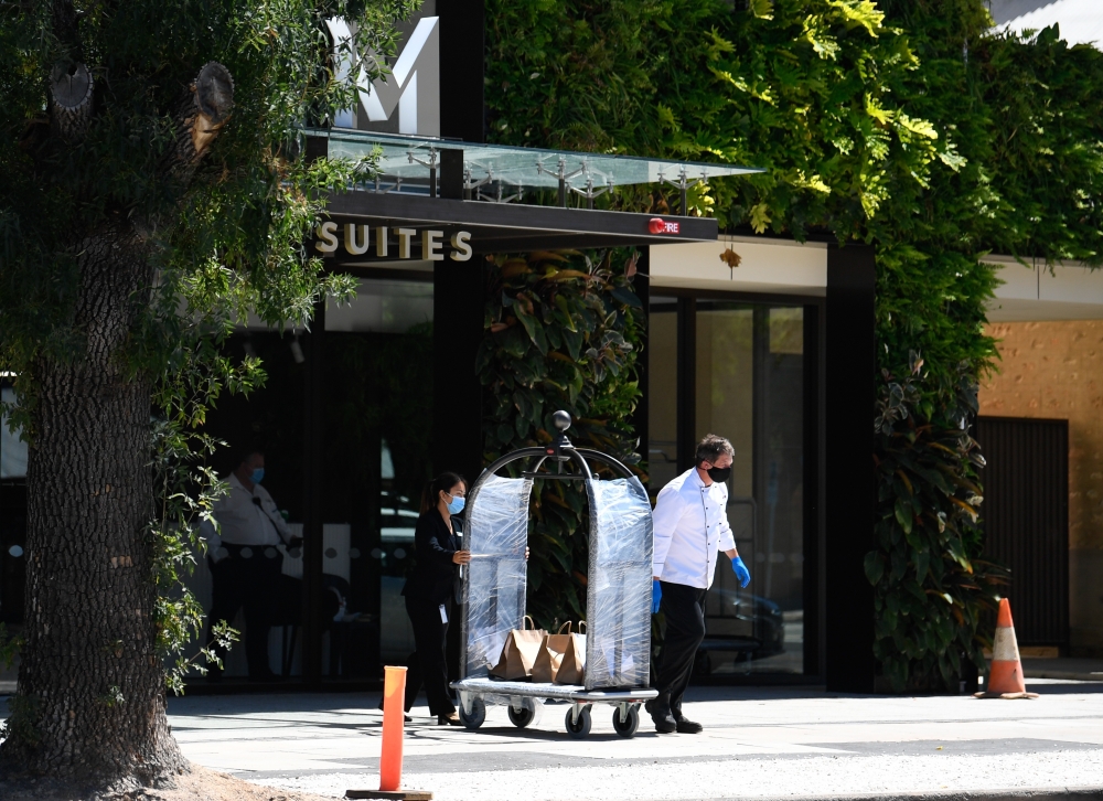 Tennis players undergo quarantine ahead of Australian Open - Adelaide, Australia - January 23, 2021 Food is being delivered to the M Suites accommodation in North Adelaide, where tennis players are undergoing mandatory quarantine ahead of the Australian O