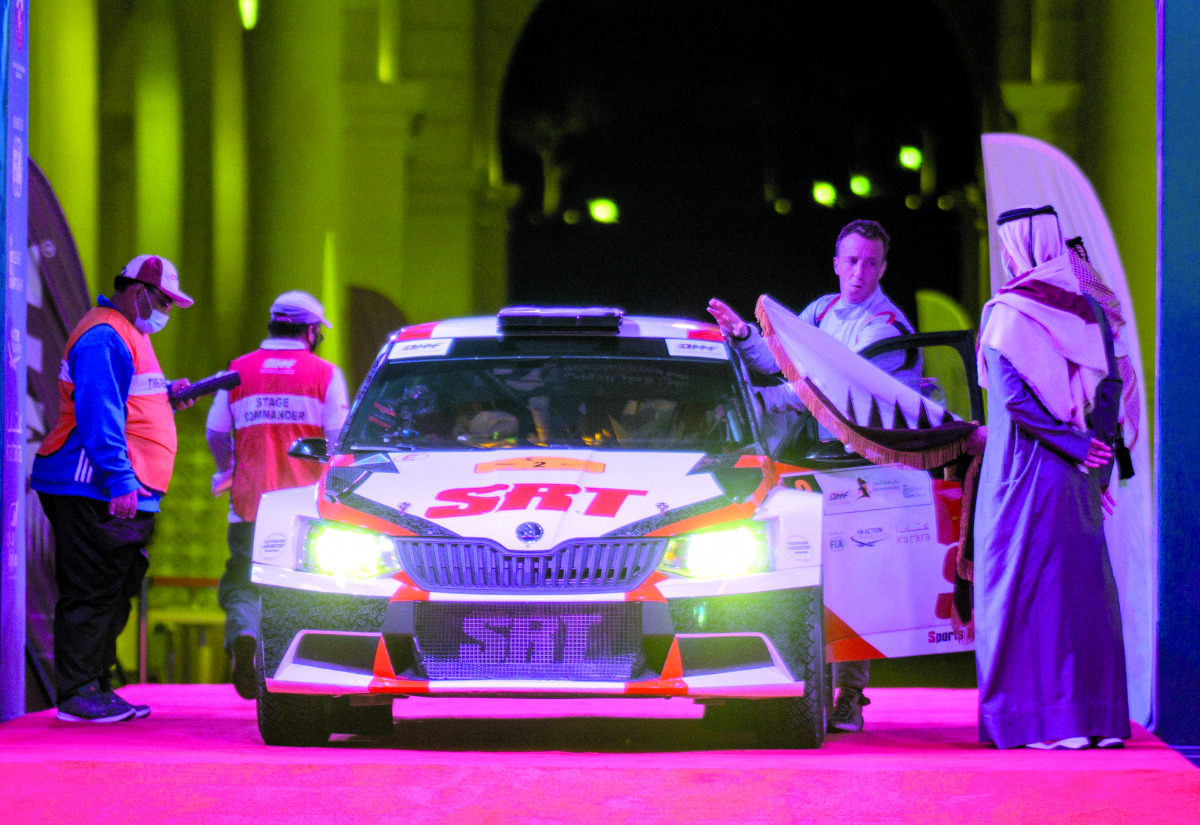 Ireland’s Kris Meeke and his English navigator Sebastien Marshall during the ceremonial flag off of the 2021 Qatar International Rally at Katara yesterday.