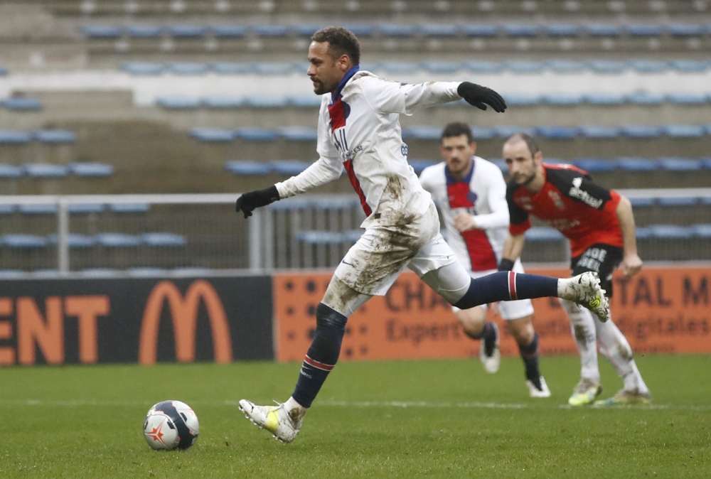 Paris St Germain's Neymar scores their first goal from the penalty spot - Lorient v Paris St Germain. Reuters/Stephane Mahe