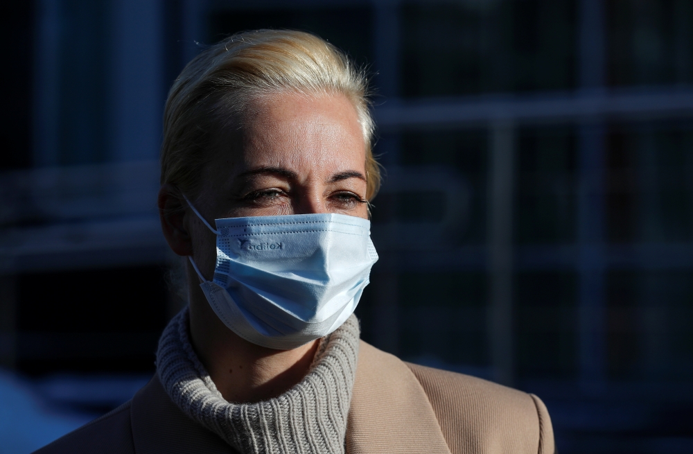 Yulia Navalnaya, wife of Russian opposition leader Alexei Navalny, wears a protective face mask as she leaves after a court hearing in Moscow, Russia February 1, 2021. REUTERS/Evgenia Novozhenina