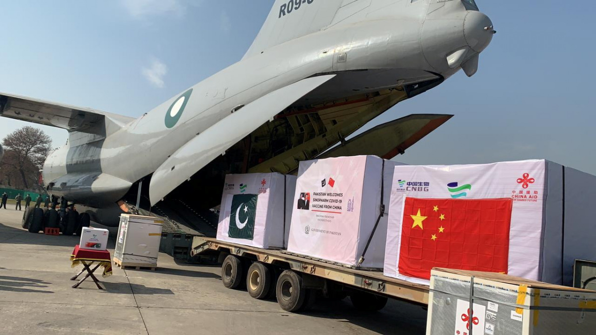 A general view of the first consignment of the coronavirus disease (COVID-19) vaccines from China, seen offloading from a plane at the Noor Khan Airbase Rawalpindi, Pakistan in this handout photo released by Inter Services Public Relations (ISPR) on Febru
