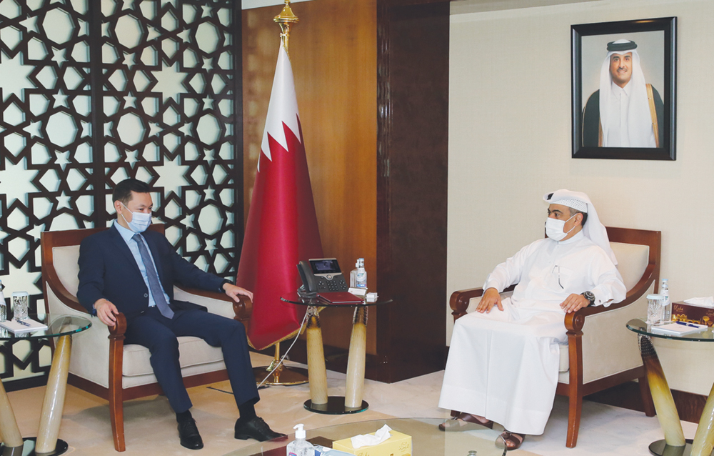Minister of Commerce and Industry, H E Ali bin Ahmed Al Kuwari, with Deputy Minister of Foreign Affairs of the Republic of Kazakhstan, H E Almas Aidarov, yesterday.