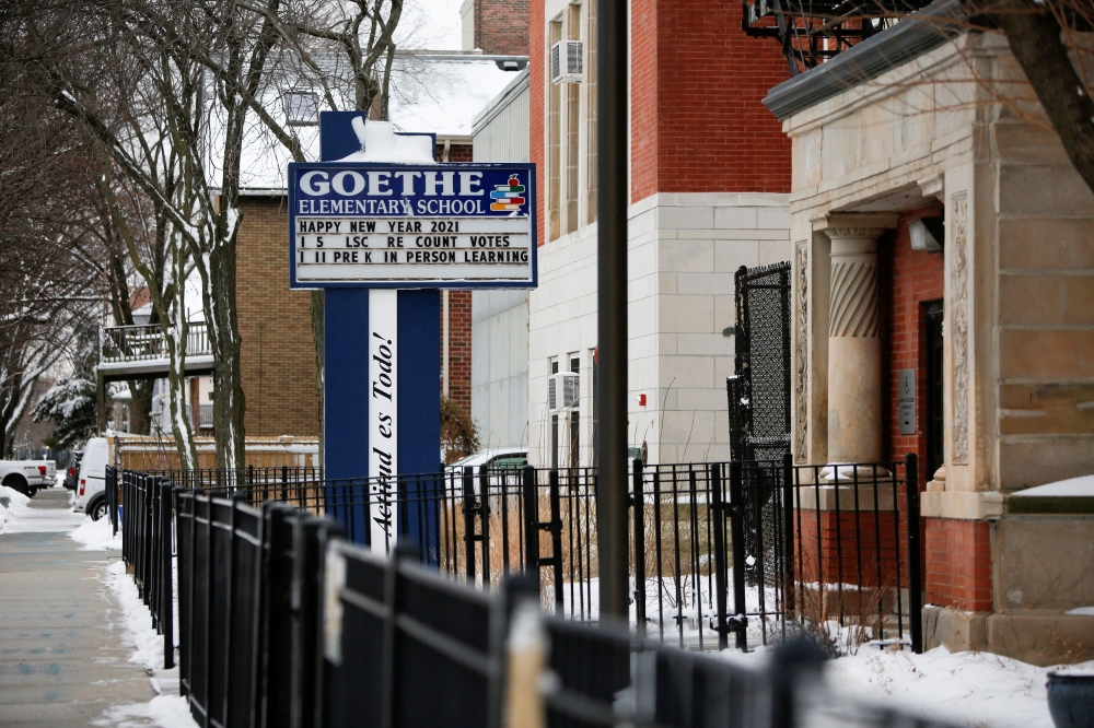 An exterior view shows Goethe Elementary School in Chicago's Logan Square neighborhood, as Chicago Public Schools suspended in-person learning after Chicago Teachers Union members voted to work remotely due to concerns around the coronavirus disease (Covi