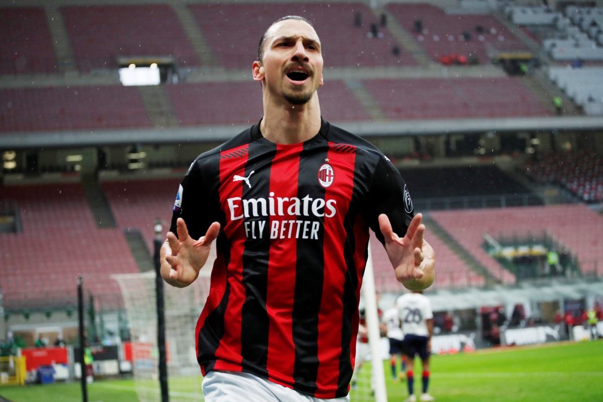 Soccer Football - Serie A - AC Milan v Crotone - San Siro, Milan, Italy - February 7, 2021 AC Milan's Zlatan Ibrahimovic celebrates scoring their first goal REUTERS/Alessandro Garofalo TPX IMAGES OF THE DAY
