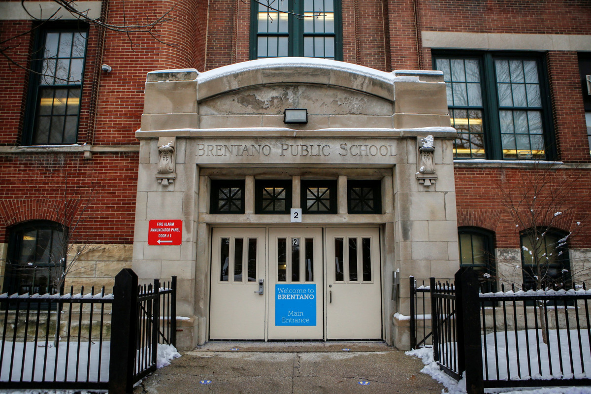FILE PHOTO: An exterior view shows Brentano Elementary Math & Science Academy in Chicago's Logan Square neighborhood, as Chicago Public Schools suspended in-person learning after Chicago teachers Union members voted to work remotely due to concerns around