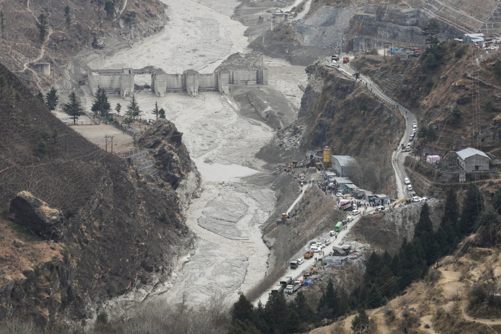 General view of the place where members of National Disaster Response Force (NDRF) conduct a rescue operation, after a part of a glacier broke away, in Tapovan in the northern state of Uttarakhand, India, February 10, 2021. REUTERS/Anushree Fadnavis