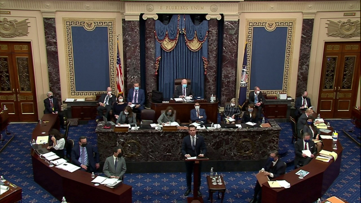 U.S. House impeachment manager Rep. Eric Swalwell (D-CA) delivers part of the impeachment managers’ opening argument in the impeachment trial of former President Donald Trump, on charges of inciting the deadly attack on the U.S. Capitol, on the floor of t