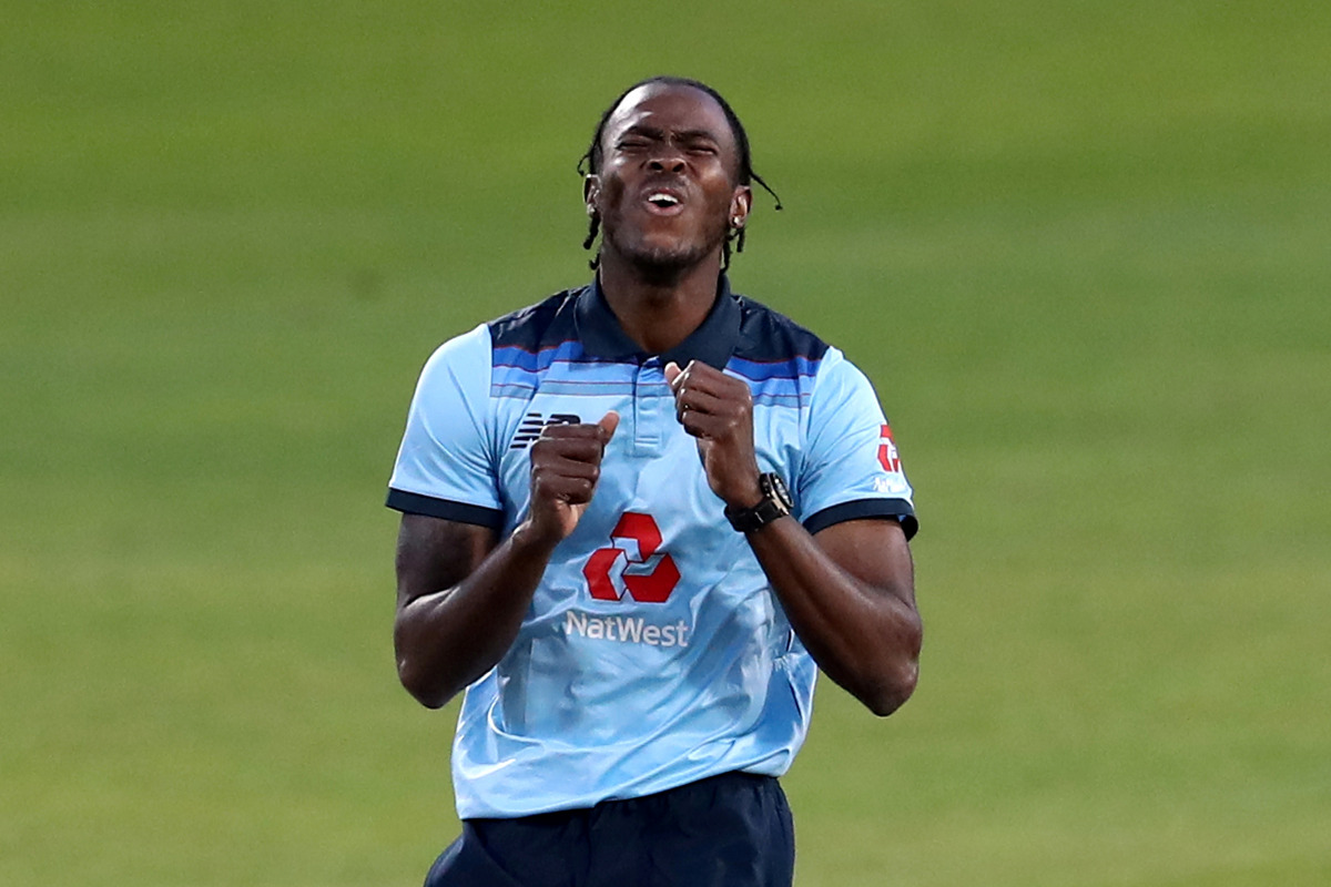 FILE PHOTO: Cricket - Second One Day International - England v Australia - Emirates Old Trafford, Manchester - September 13, 2020 England's Jofra Archer reacts Martin Rickett/Pool via REUTERS/File Photo
