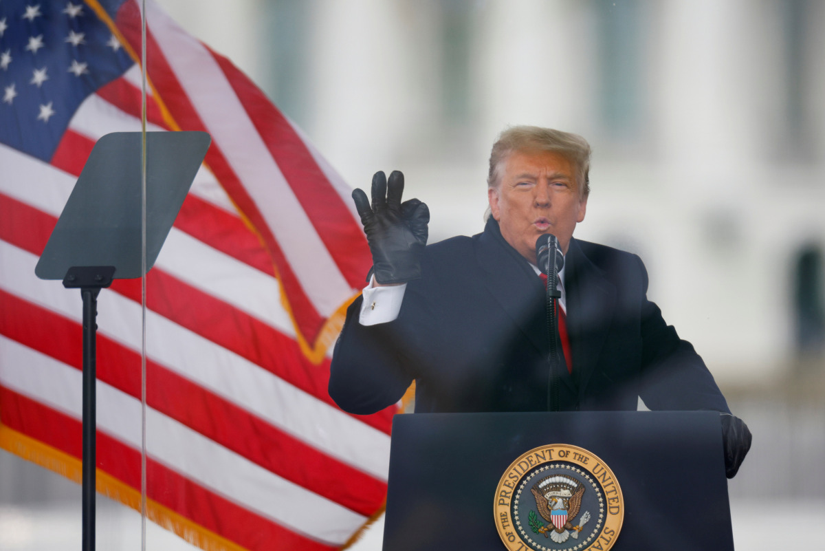 FILE PHOTO: U.S. President Donald Trump gestures as he speaks during a rally to contest the certification of the 2020 U.S. presidential election results by the U.S. Congress, in Washington, U.S, January 6, 2021. REUTERS/Jim Bourg/File Photo
