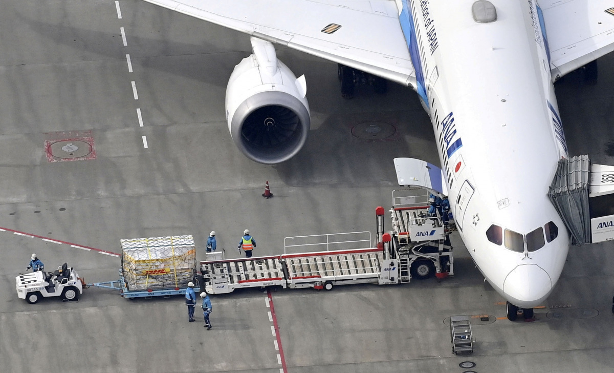 An aerial view shows an All Nippon Airways (ANA) plane, carrying the first batch of the coronavirus disease (COVID-19) vaccine developed by Pfizer Inc. arrives from Brussels at Narita airport in Narita, east of Tokyo, Japan February 12, 2021. Mandatory cr
