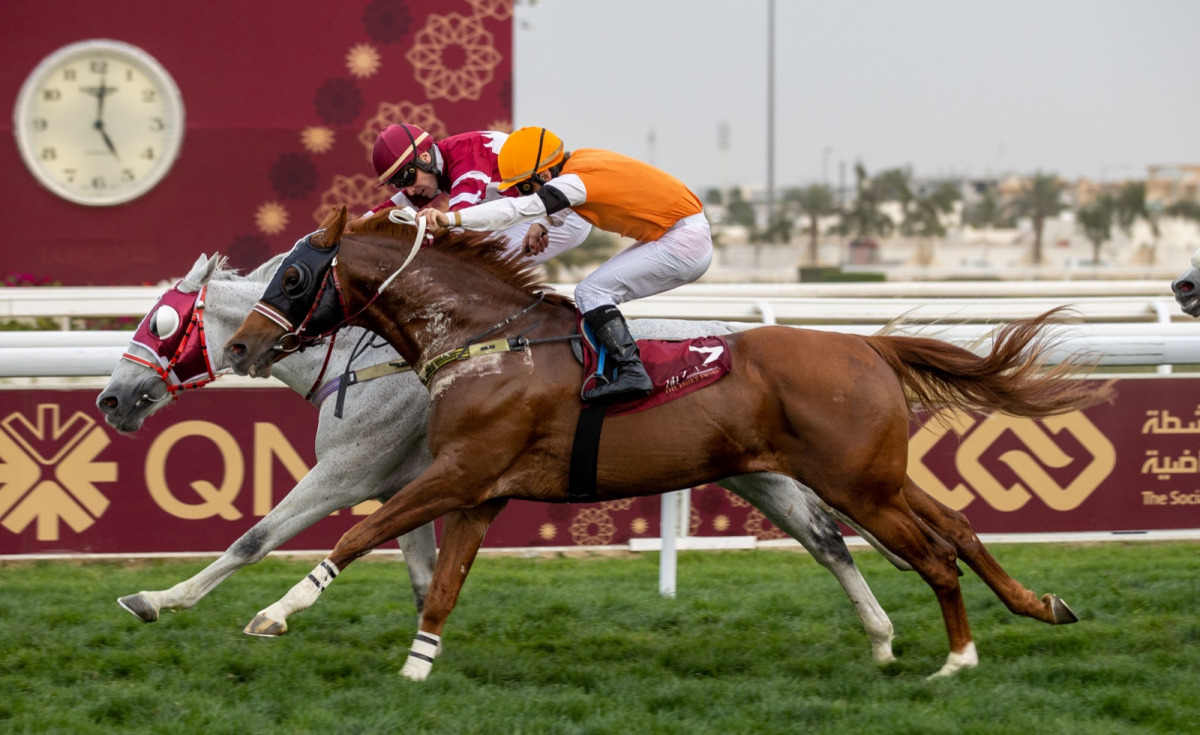 Jockey JP Guillambert guides Aaley A Magam past the finishing line to win the Al Zubara Trophy at Al Rayyan Park yesterday