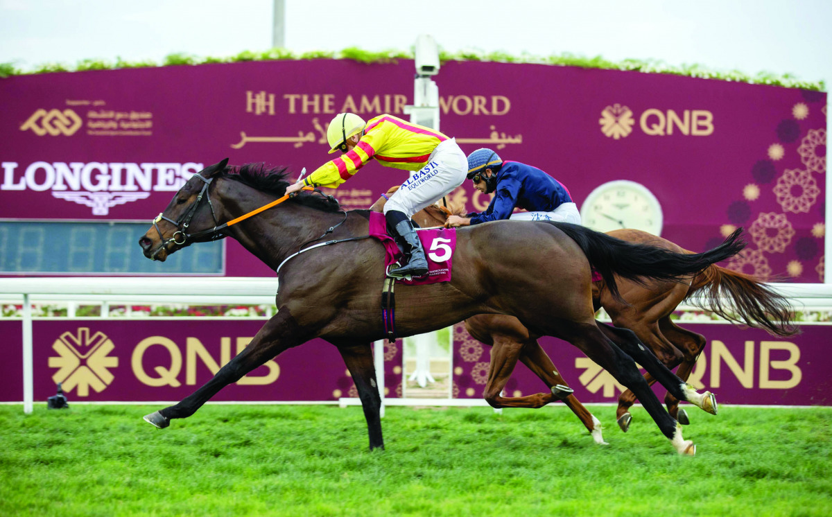 Jockey Ronan Whelan guiding Bowerman towards victory in the Irish Thoroughbred Marketing Cup (QA Gr 2) yesterday. Pictures: Juhaim