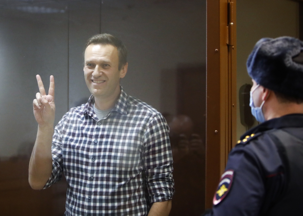 Russian opposition leader Alexei Navalny attends a hearing to consider an appeal against an earlier court decision to change his suspended sentence to a real prison term, in Moscow, Russia February 20, 2021. Reuters/Maxim Shemetov