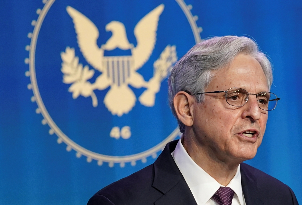 Judge Merrick Garland, US President-elect Joe Biden's nominee to be US Attorney General, speaks as Biden announces his Justice Department nominees at his transition headquarters in Wilmington, Delaware, US, January 7, 2021. Reuters/Kevin Lamarque/File Pho