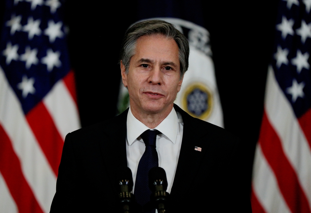 FILE PHOTO: U.S. Secretary of State Antony Blinken speaks speaks during a visit by U.S. President Joe Biden to the State Department in Washington, U.S., February 4, 2021. REUTERS/Tom Brenner