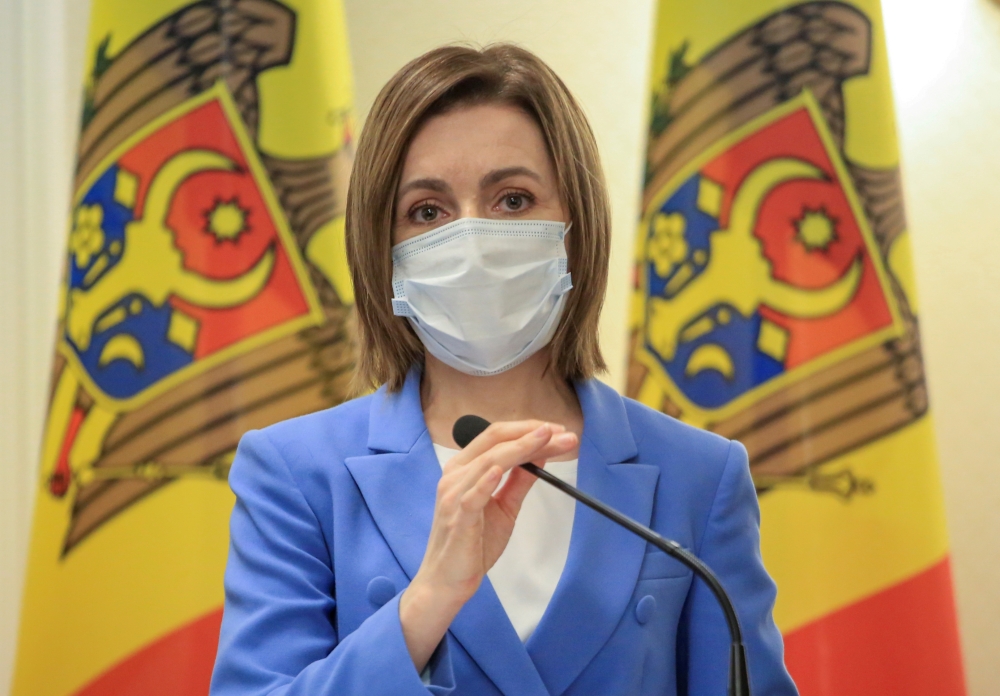 Moldova's President Maia Sandu attends a news briefing with European Council President Charles Michel (not pictured) in Chisinau, Moldova February 28, 2021. REUTERS/Vladislav Culiomza/File Photo