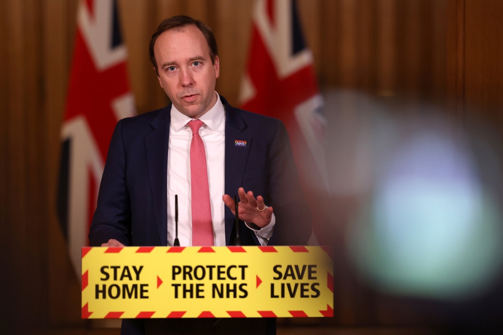 British Health Secretary Matt Hancock speaks at the government coronavirus briefing at Downing Street in London, Britain March 5, 2021. Dan Kitwood/Pool via REUTERS