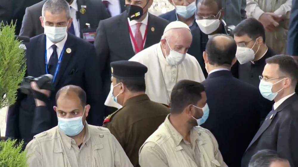 Pope Francis leaves after a meeting with Iraq's top Shi'ite cleric, Grand Ayatollah Ali al-Sistani in Najaf, Iraq, March 6, 2021 in this screen grab taken from video. Iraqiya TV/Reuters TV via REUTERS