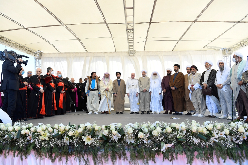 Pope Francis attends an inter-religious prayer at the ancient archeological site of Ur, traditionally believed to be the birthplace of Abraham, in Ur near Nassiriya, Iraq March 6, 2021. Vatican Media/­ REUTERS 