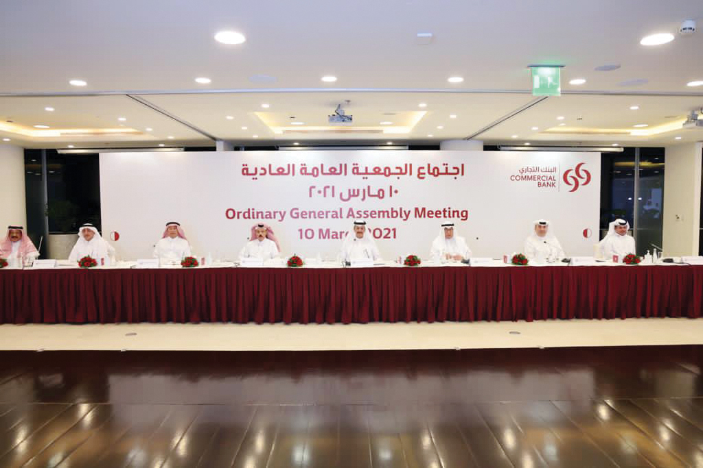 Commercial Bank Chairman, Sheikh Abdulla bin Ali bin Jabor Al Thani and other officials of Commercial Bank during the Ordinary General Assembly Meeting.