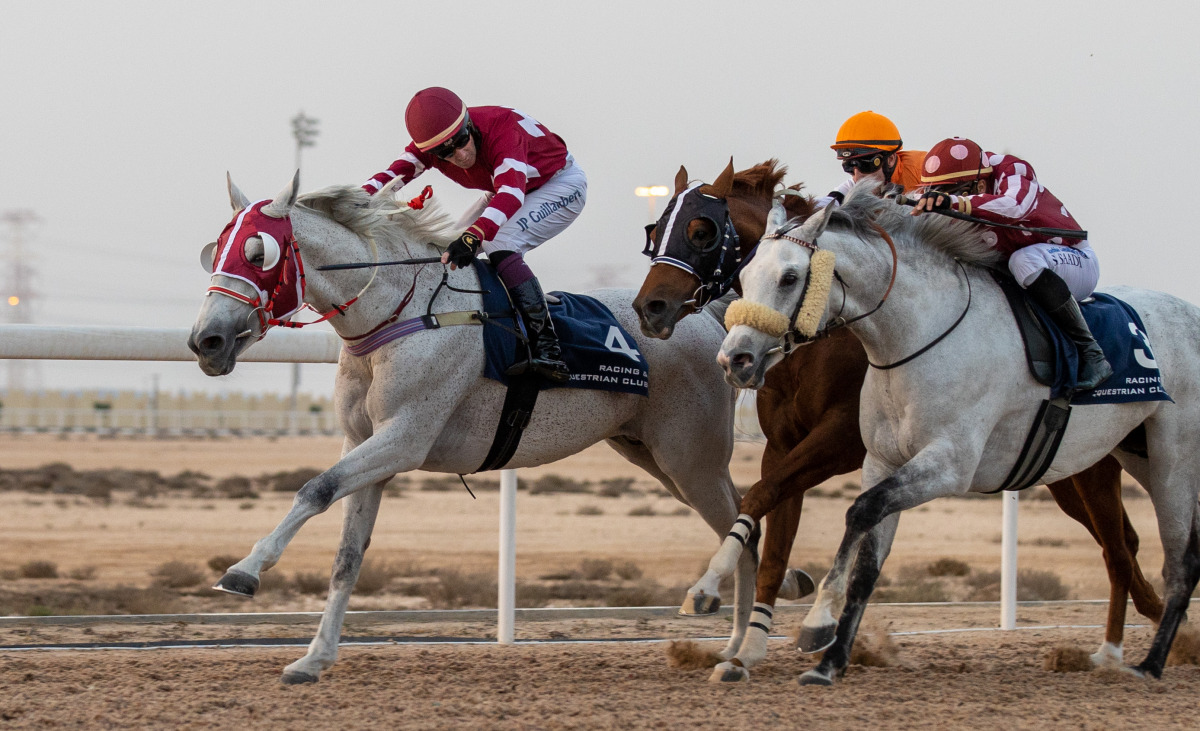 Jockey JP Guillambert  guiding Aaley Al Magam to win the Rodat Al Maida Cup.
