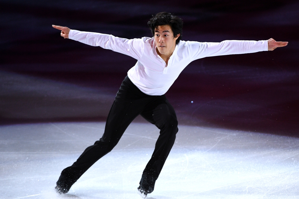 Jan 17, 2021; Las Vegas, Nevada, USA; Nathan Chen performs during the Skating Spectacular event at the 2021 U.S. Figure Skating Championships at Orleans Arena. Mandatory Credit: Orlando Ramirez-USA TODAY Sports/File Photo