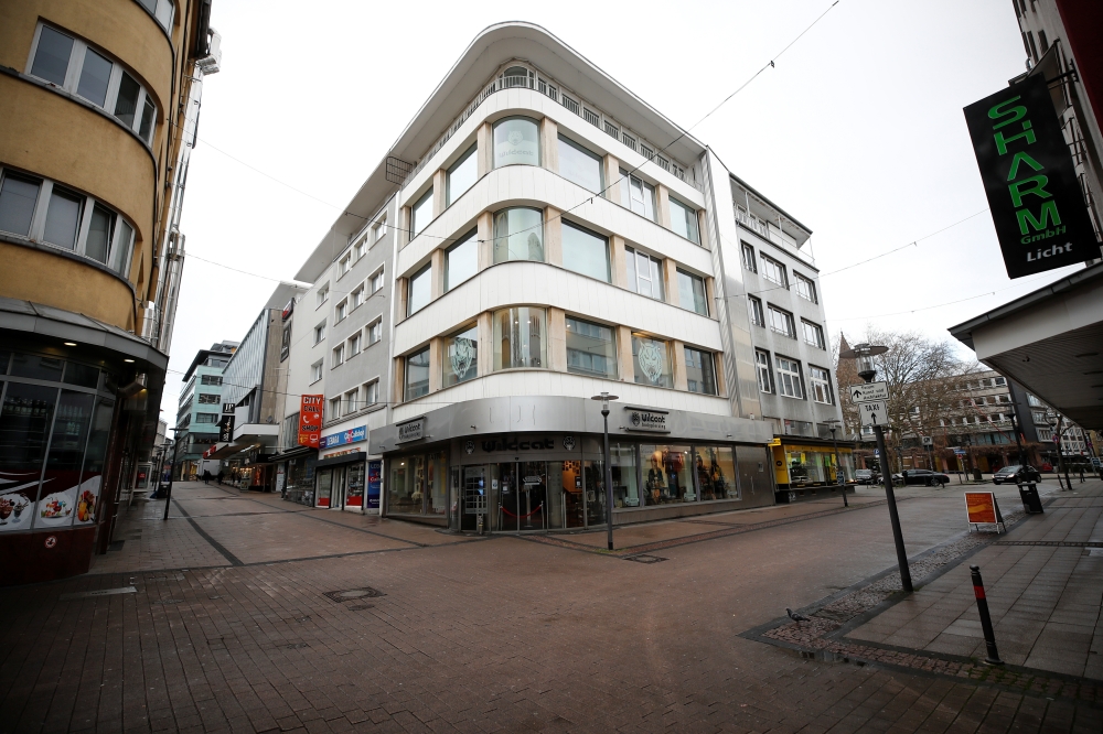 Picture shows the abandoned main shopping area due to the coronavirus disease (COVID-19) pandemic lockdown in downtown Essen, Germany, March 11, 2021. Picture taken on March 11, 2021. REUTERS/Wolfgang Rattay