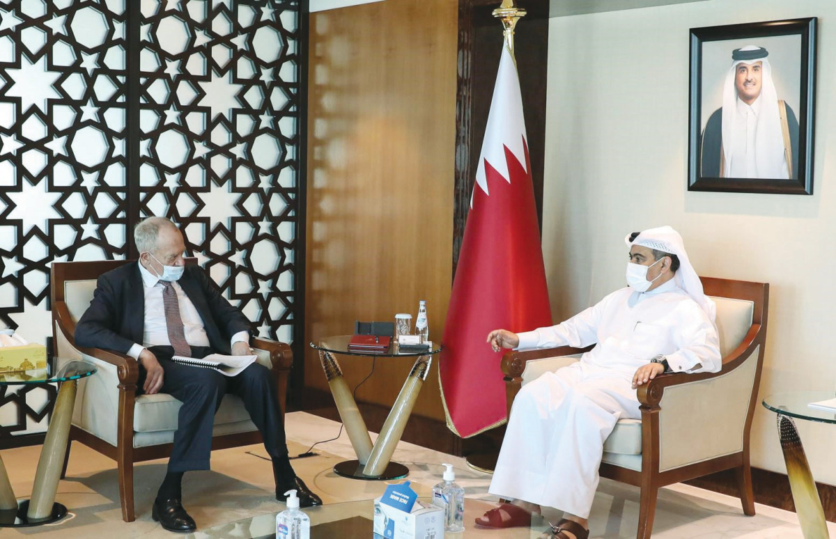 Minister of Commerce and Industry, H E Ali bin Ahmed Al Kuwari during the meeting with, UK Minister for Investment at the Department for International Trade and the Department for Business, Energy & Industrial Strategy, H E Lord Gerry Grimstone.