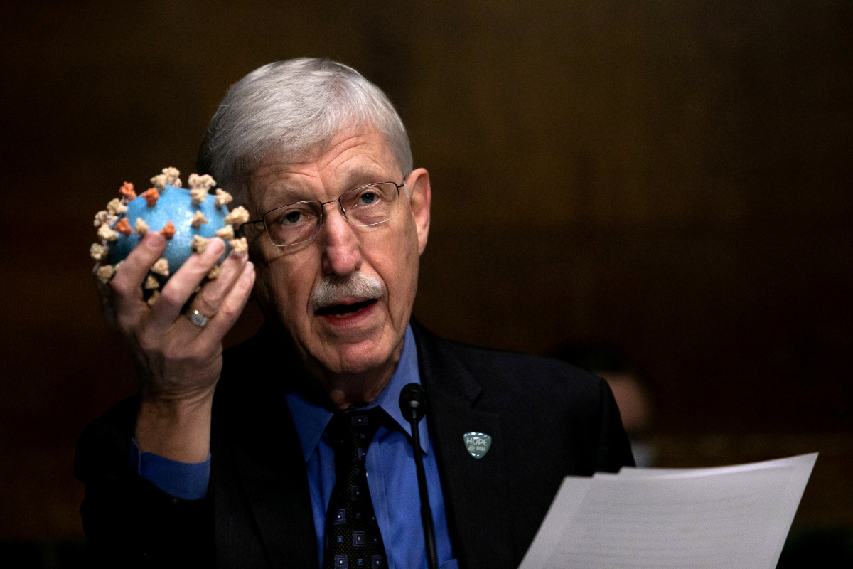 FILE PHOTO: National Institutes of Health Director Francis S. Collins holds a model of SARS-CoV-2, the novel coronavirus, as he testifies on Capitol Hill in Washington, D.C., U.S., July 2, 2020. Graeme Jennings/Pool via REUTERS/File Photo
